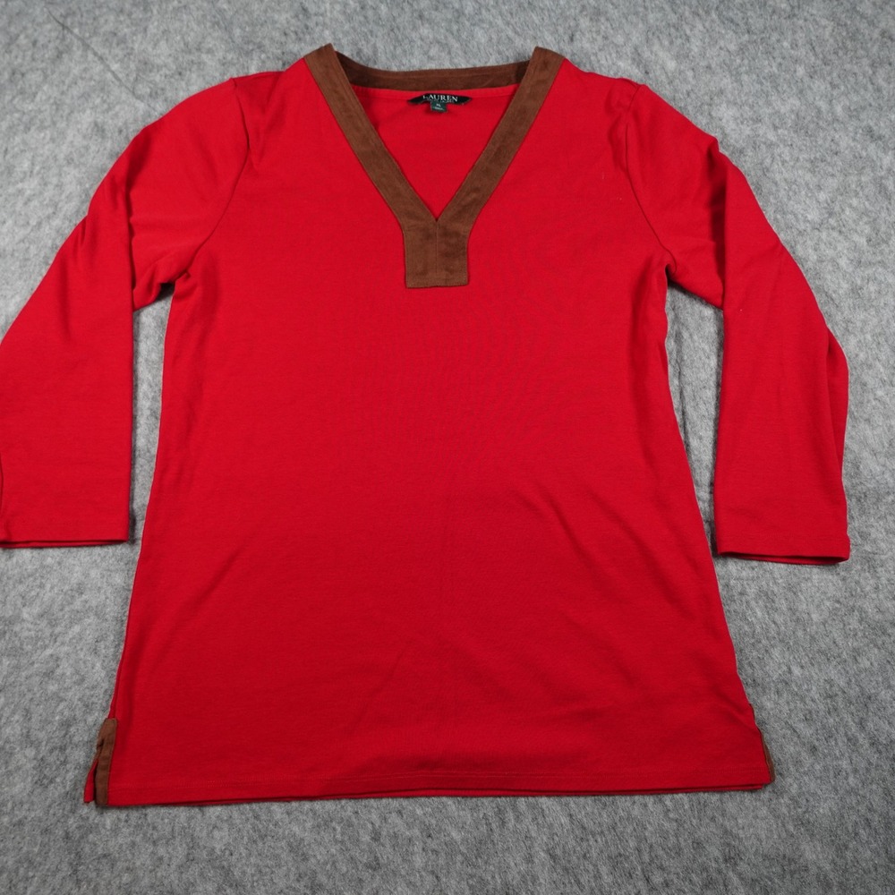 Ralph Lauren Top Women Extra Large Red Suede Trim V Neck‎ Equestrian 3/4 Sleeve